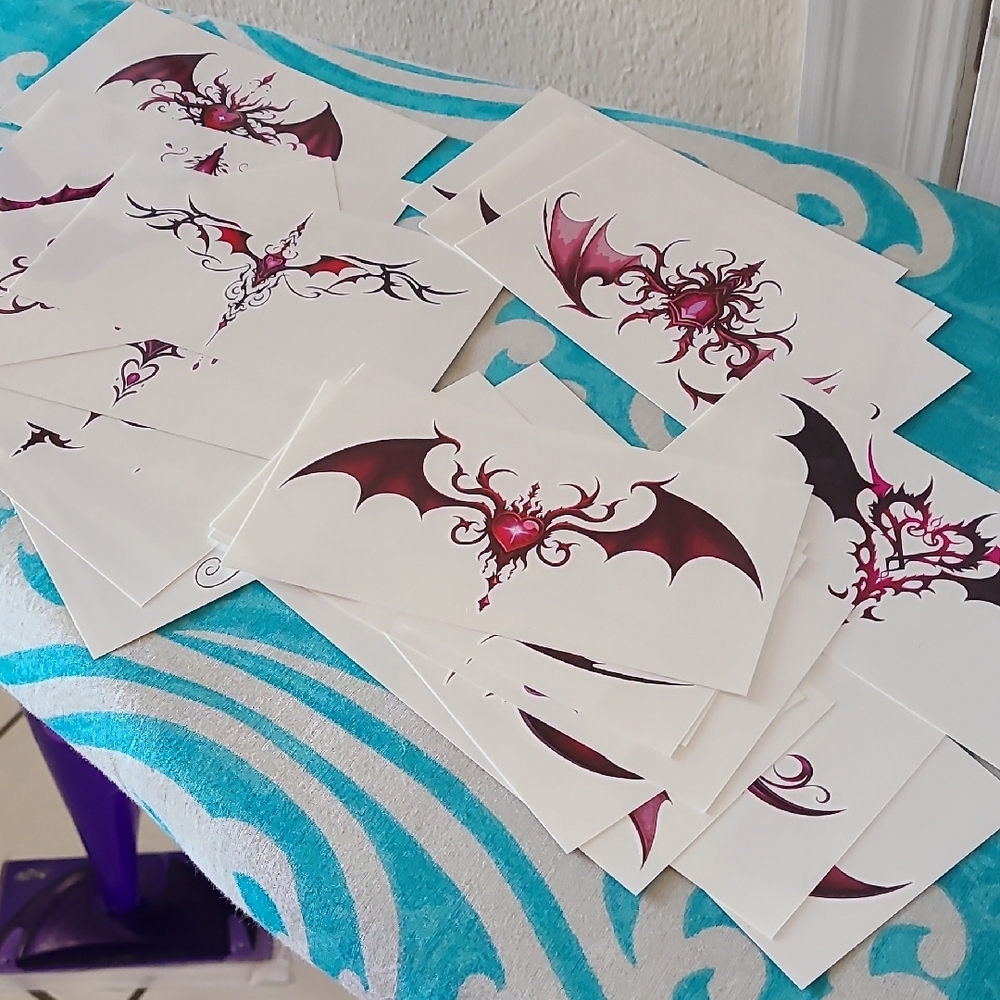 Gothic Bat Heart Temporary Tattoos - Dark Red and Black
